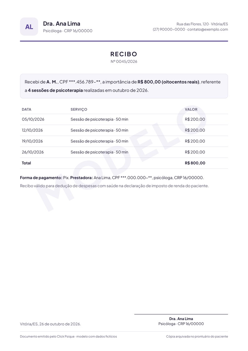 Modelo de recibo de sessões com tabela de datas e valores