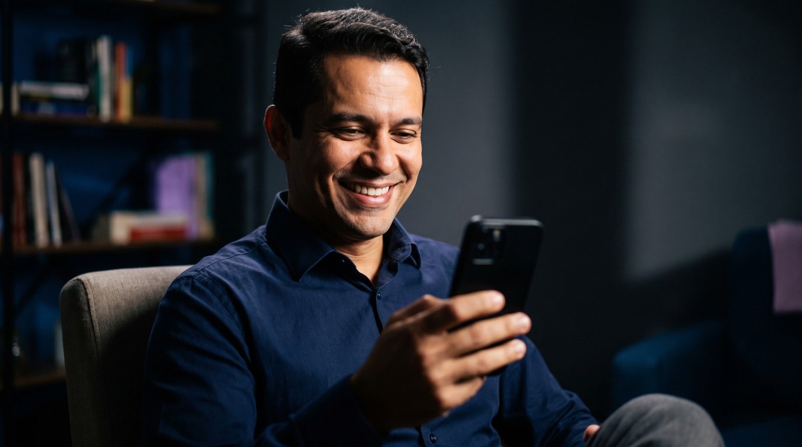 Psicólogo sorrindo enquanto usa o celular no consultório