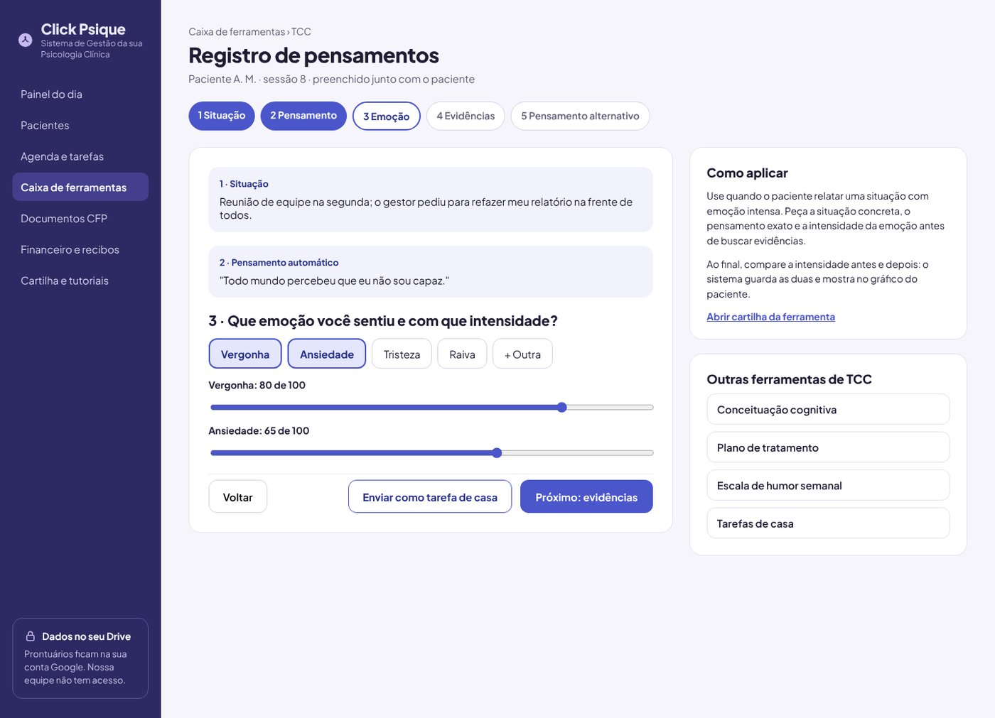 Tela da ferramenta guiada de registro de pensamentos
