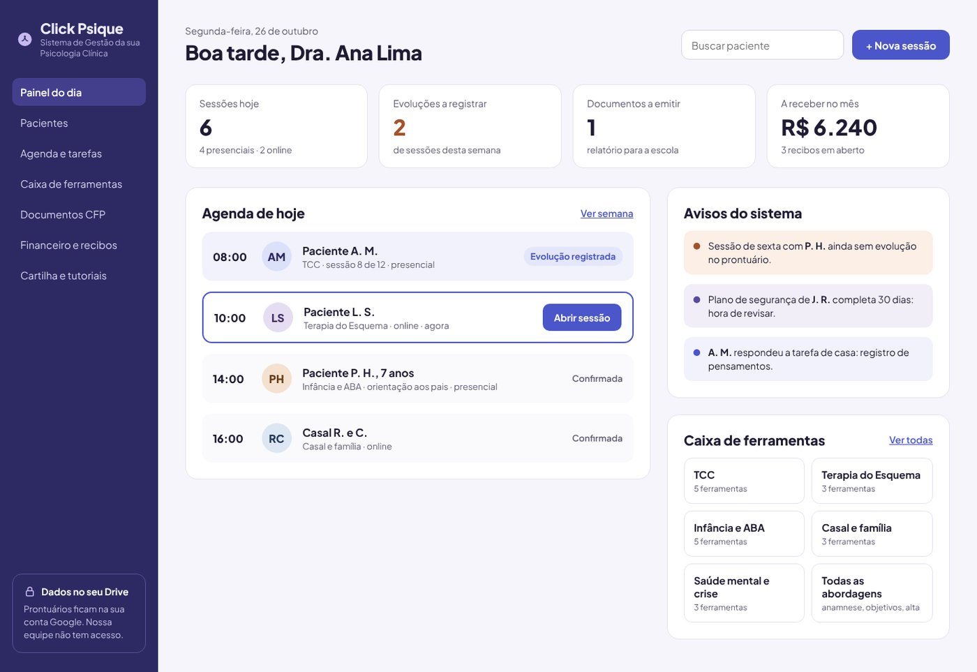 Painel do dia do Click Psique com agenda, avisos e caixa de ferramentas